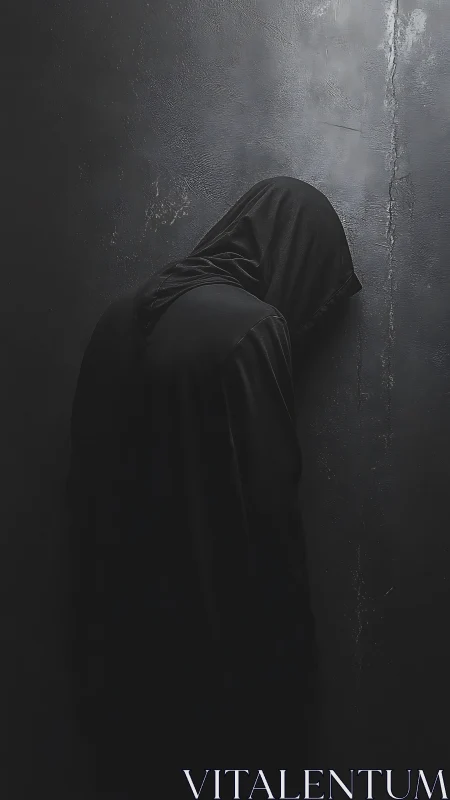 Hooded figure in black garment against textured dark wall.