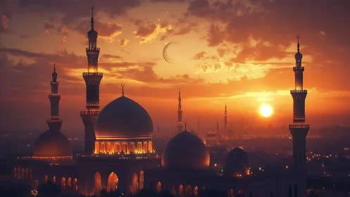 Sunset mosque skyline under crescent moon glow.