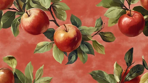 Sun-kissed orchard apples dancing on rustic coral sky.