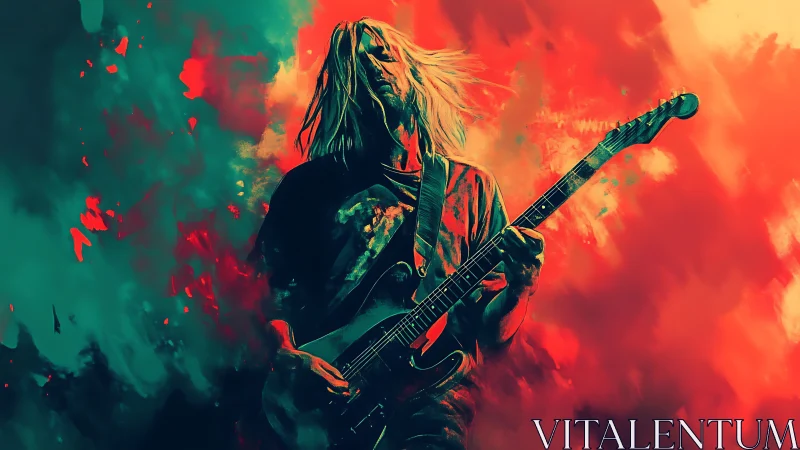 Guitarist lost in color and sound amid swirling neon fire.