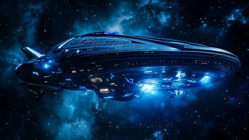 Massive blue-lit starship cruising through deep outer space.