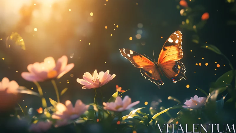 Backlit monarch butterfly in shallow depth-of-field flower meadow