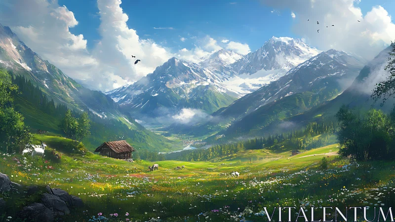 Sunlit alpine valley with cabin, grazing livestock and receding peaks