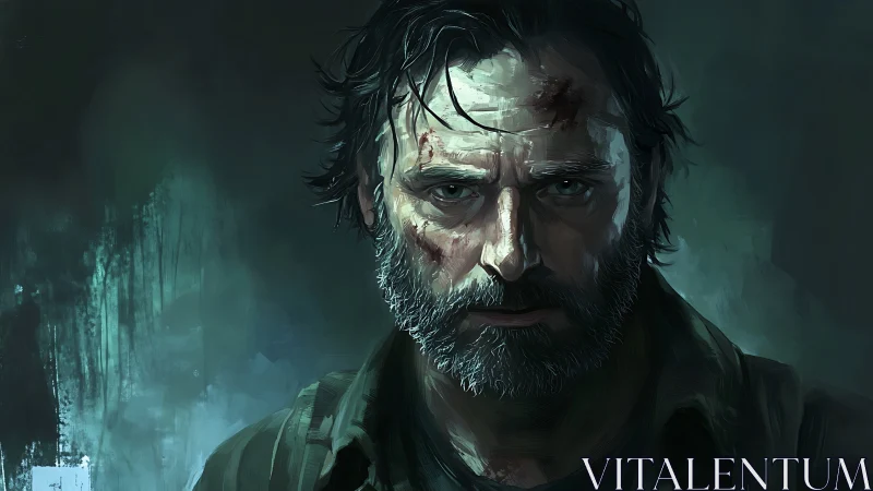 Wounded bearded man staring forward in dark setting.