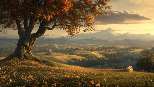 Ancient autumn tree overlooking sunlit storybook valley.