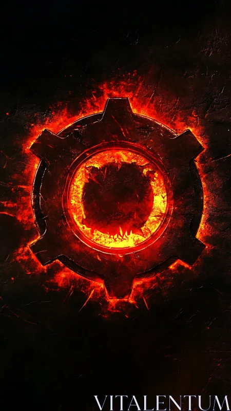 Molten gear emblem burns against a scorched dark void