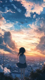 Girl observes glowing sunset above sprawling cityscape