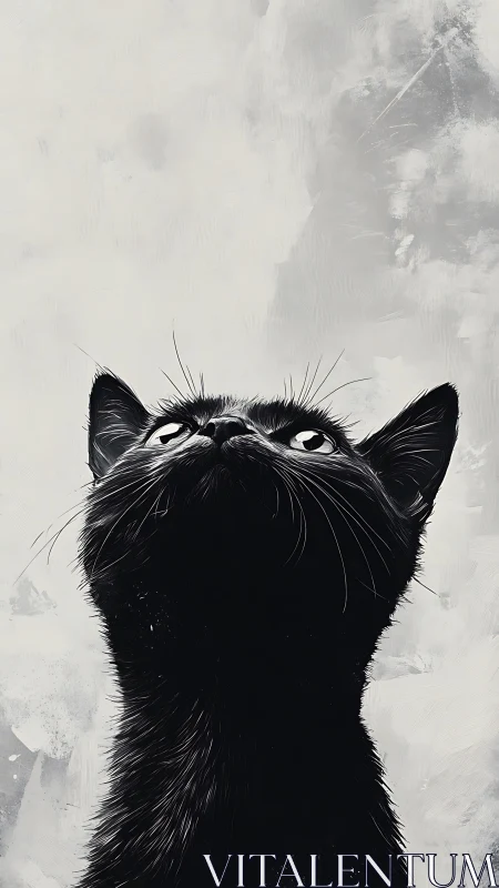 Black Cat Looking Upward Against Gray Background.