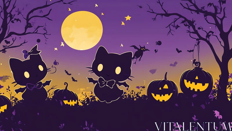 Stylized Halloween Digital Composition Featuring Black Cats and Jack-O'-Lantern Pumpkins