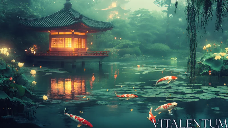 Lanternlit koi lagoon cradling a misty moonlit pavilion.