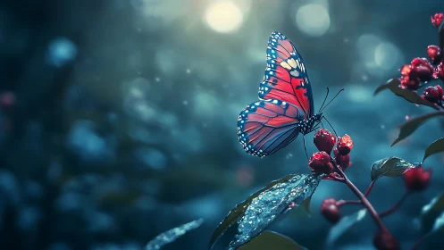 Moonlit garden moment with a luminous red-blue butterfly.