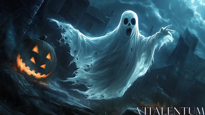 Glowing ghost drifts past a jack o lantern on a stormy night