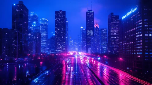 Cyberpunk skyline corridor with neon-soaked arterial highway.