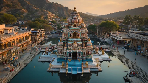 Symmetrical aerial view isolates ornate Hindu lakeside temple