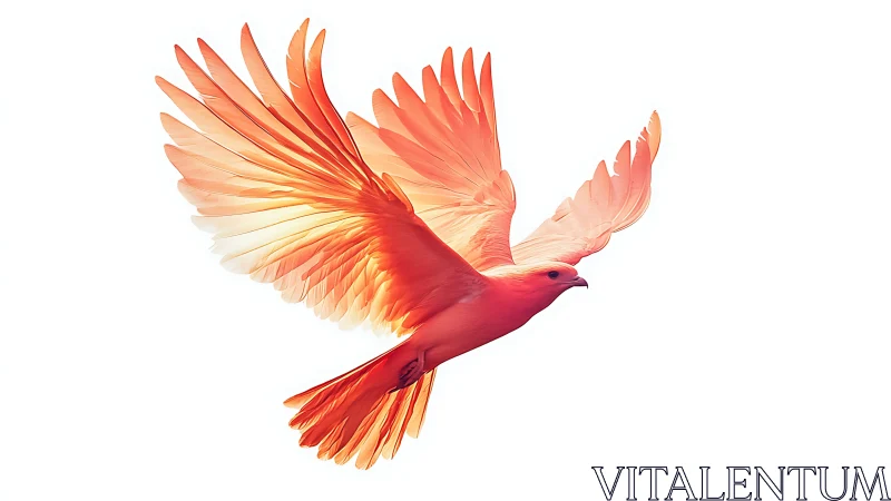 Vibrant coral bird soars with translucent wings in light