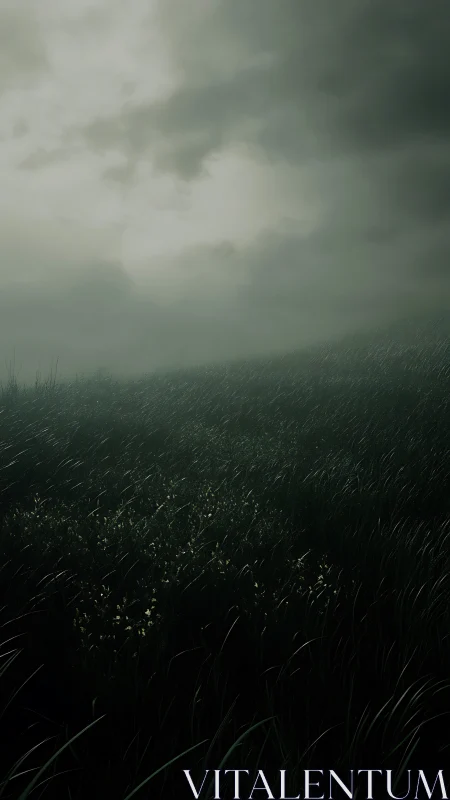 Stormlit grass field under brooding overcast sky.
