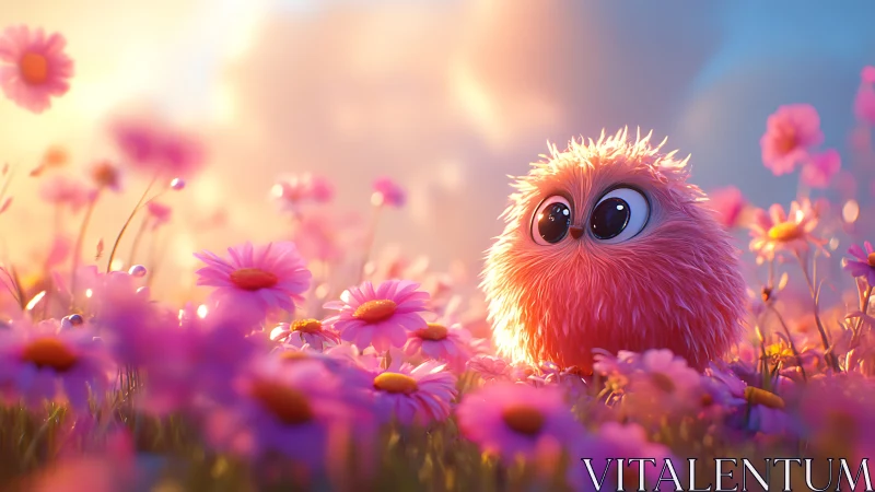 Fluffy pink creature among glowing daisy field at sunset.