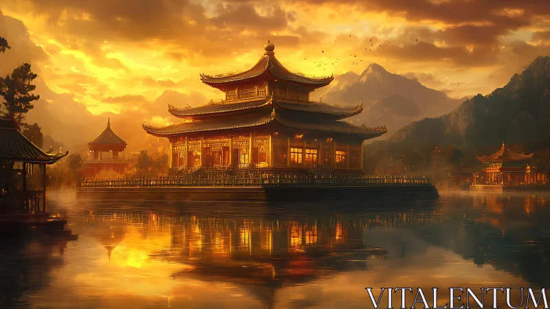 Golden sunset illuminates lakeside pagoda temple complex