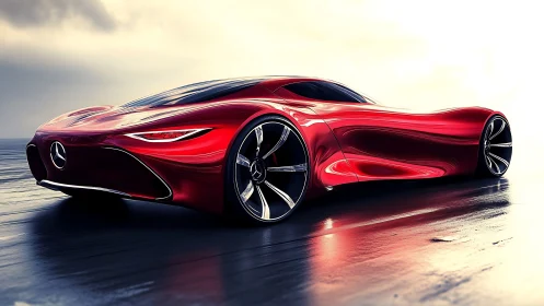 Sleek red concept supercar glides forward in glowing light