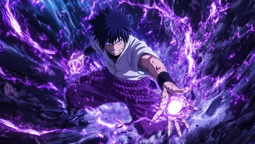 Anime warrior unleashes purple energy in rocky chasm.