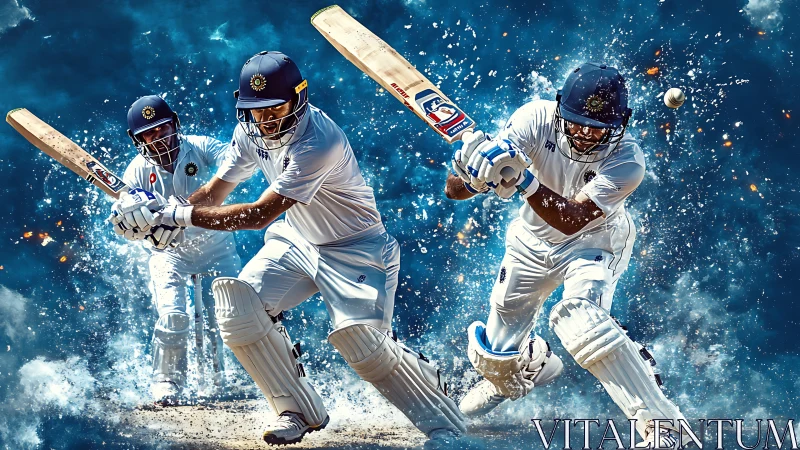 Cricket batsmen in sequential motion against blue backdrop.