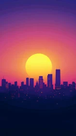 Neon dusk sun descending behind silhouetted city skyline.