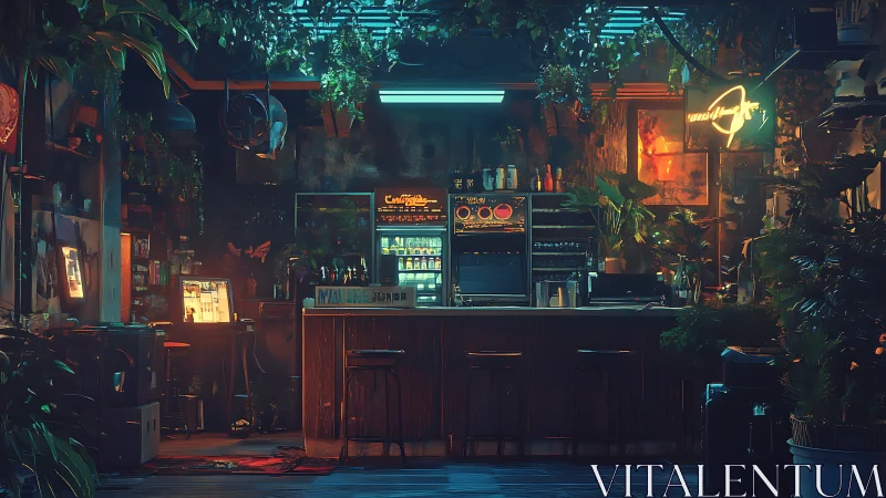 Neon-lit urban bar glows softly amid lush hanging greenery