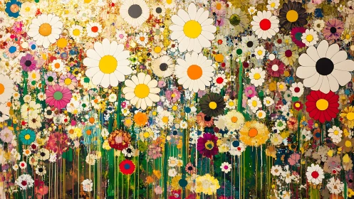 Bold graphic daisies scatter over dense dripping color field