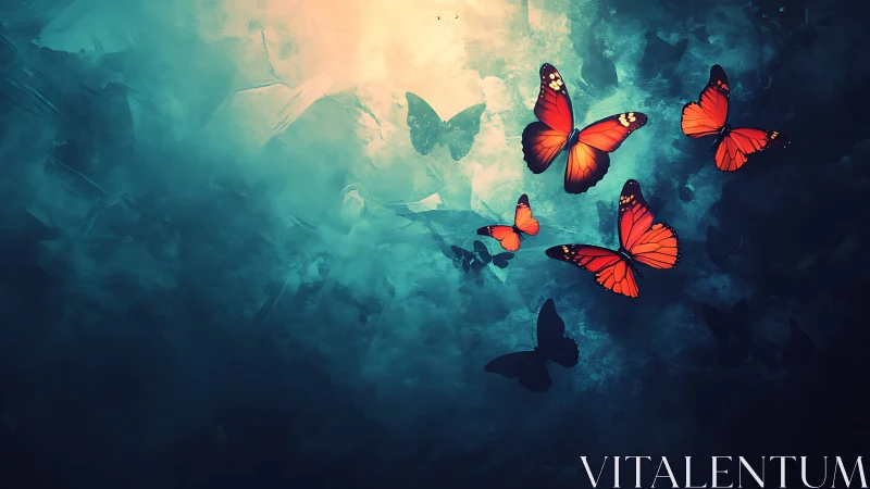 Monarch butterflies in luminous teal abstract atmosphere.