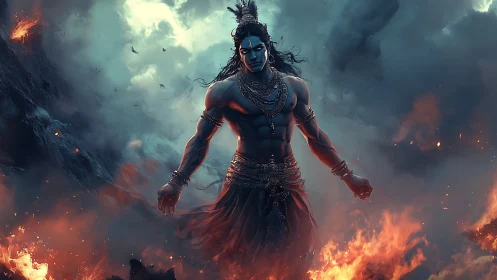 Mythic warrior deity strides through storm and fire scene.