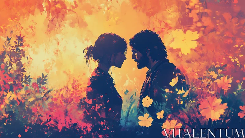 Dual silhouettes merge within hot-toned floral gradient field overlay composition