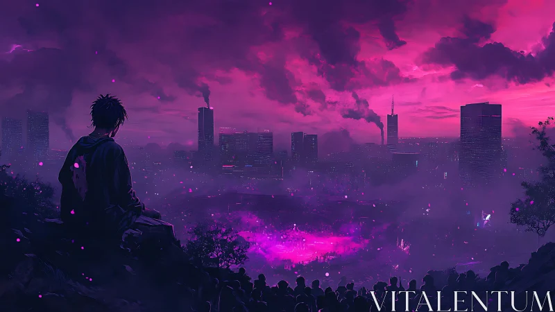 Solitary figure above neon magenta cyberpunk cityscape.