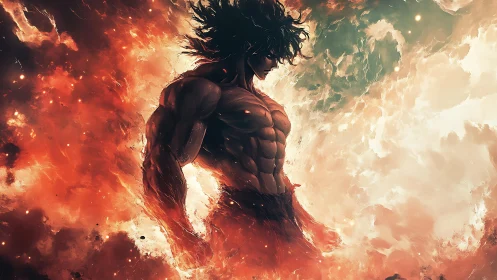 Fiery warrior silhouette emerges through swirling inferno