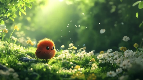 Volumetric backlit meadow with fluffy orange creature observing pollen