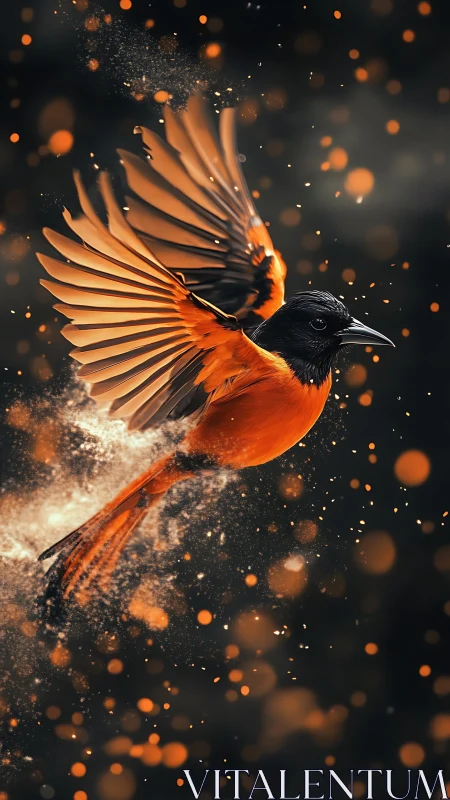 Orange-black bird in mid-flight with particle dispersion effect.