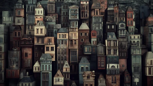 Dense vertical cityscape with stacked narrow townhouses.