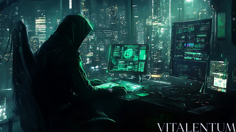 Hooded computer operator at multi-monitor urban workstation.