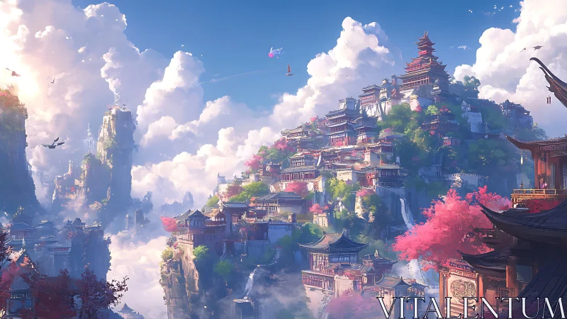 Vast fantasy mountain city with layered temples in clouds.