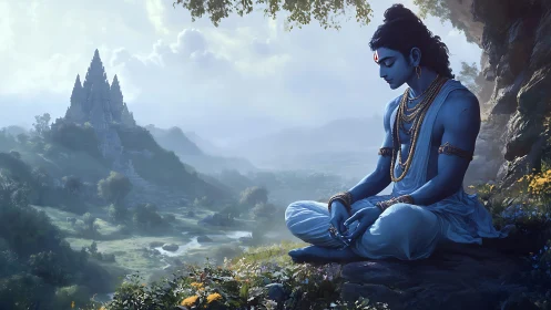 Blue-skinned meditative deity overlooks distant temple valley