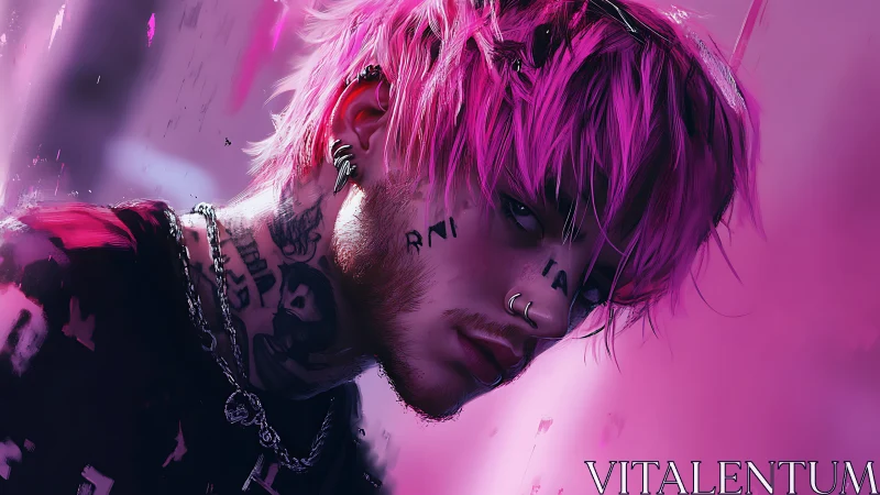 Neon pink cyberpunk portrait with tattooed rebel gaze.