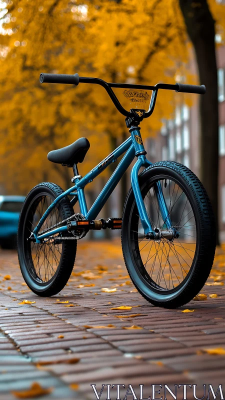 Cobalt Steed on Urban Canvas: Autumn's Brilliant Bicycle.