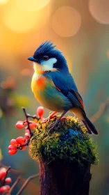High-saturation songbird on mossy perch with bokeh backdrop