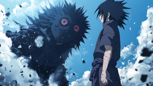 Aerial confrontation of ninja combatant and colossal void entity.