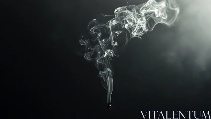 Rising cigarette smoke trail on dark black background.