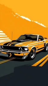 Classic muscle car illustration on stylized urban roadway.