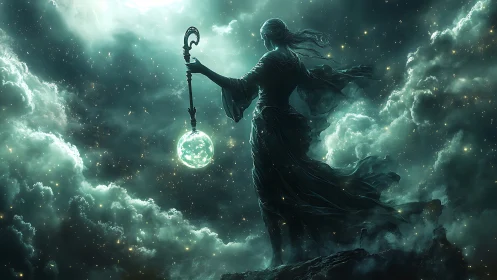 Celestial sorceress lifts glowing orb above storm clouds