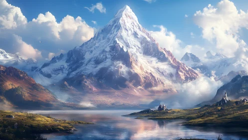 Snowcapped mountain over lake with distant fantasy castles.