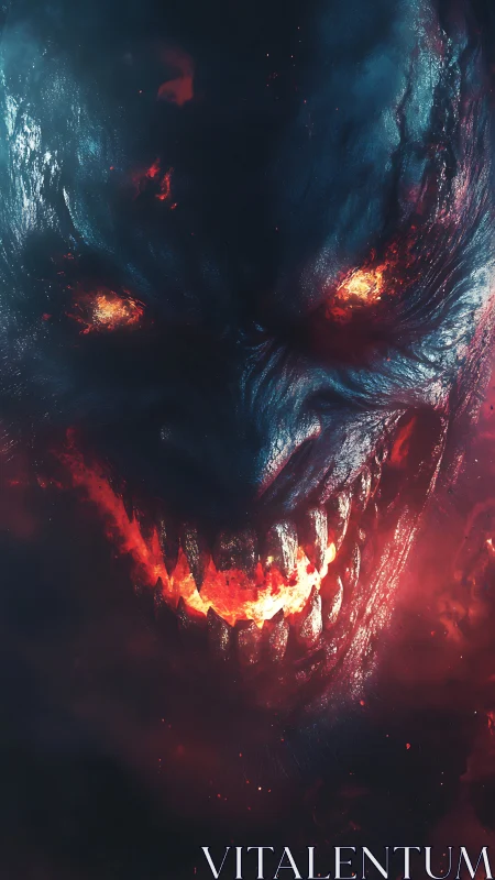 Fiery demon grin emerging from swirling crimson shadows.