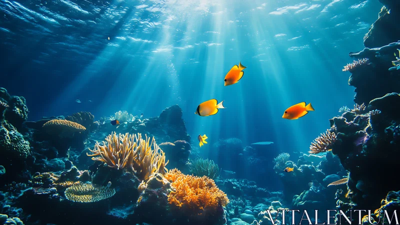 Sunlit reef ballet where golden fish drift through sapphire beams.