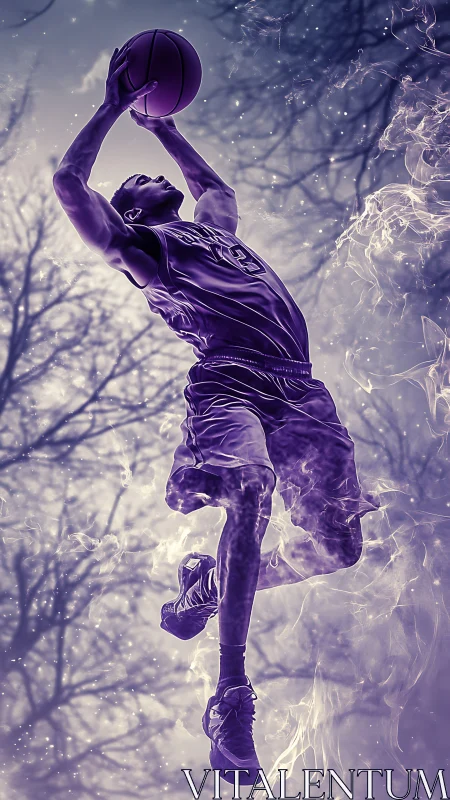 Basketball player suspended midair in stylized purple scene